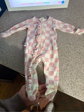 SIIX pink Check Ruffle Zip One-Piece for Kids